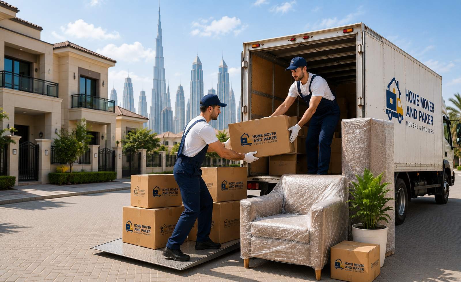 Movers loading wrapped furniture and cartons into a moving truck in Dubai